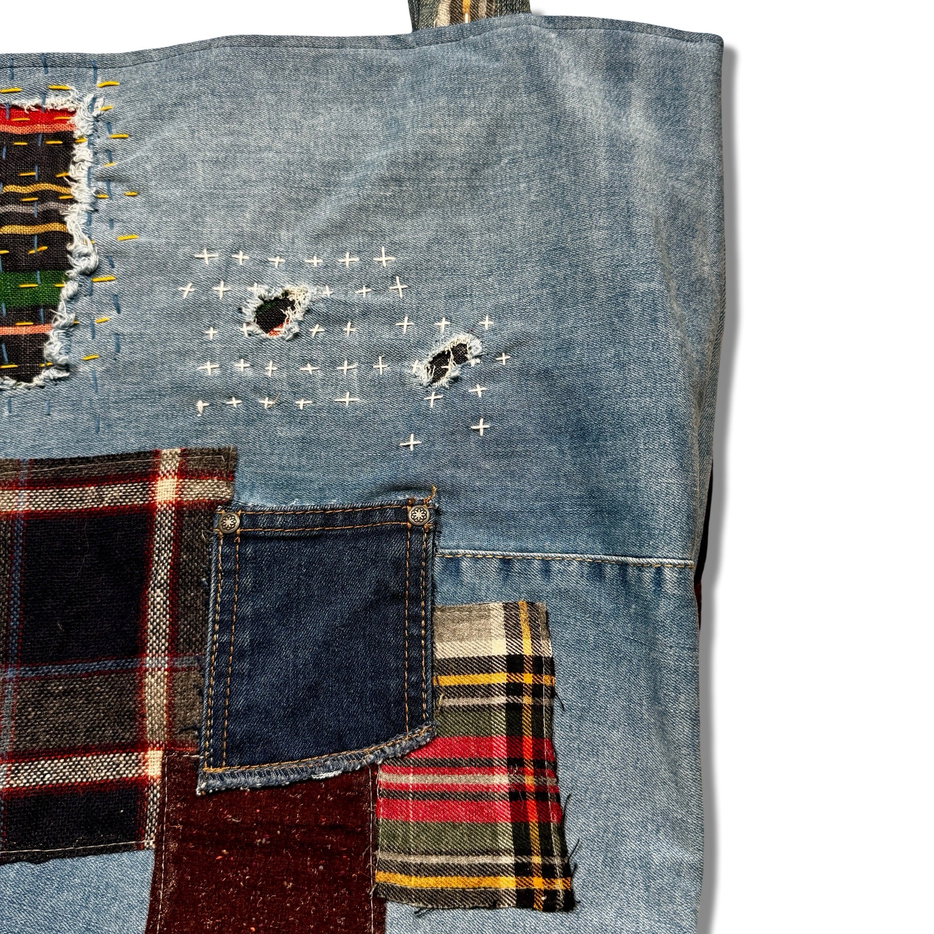 Patchwork Denim x Flannel Sashiko Tote Bag