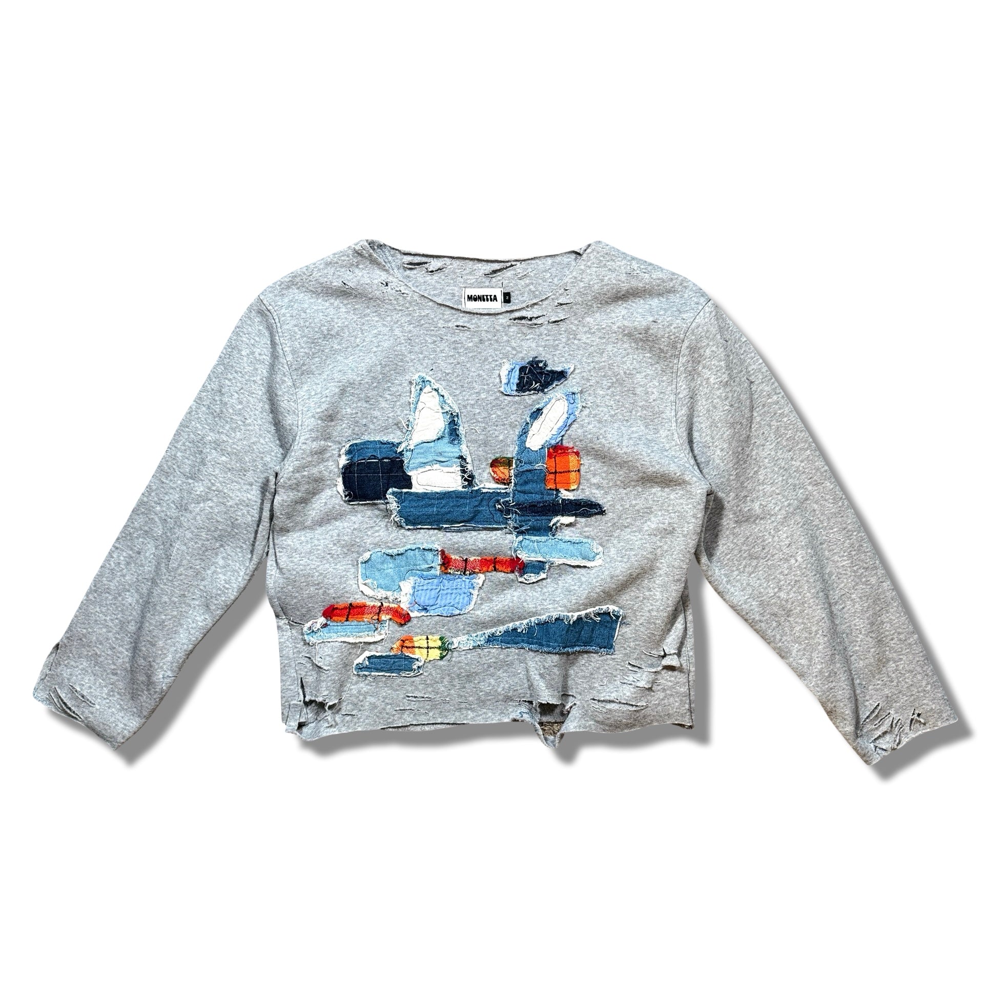 Vintage Grey Sweatshirt with Scrap Patchwork