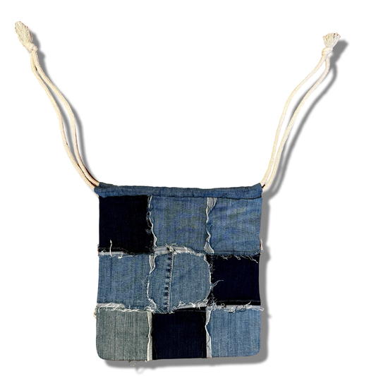 Patchwork Denim Drawstring Bag