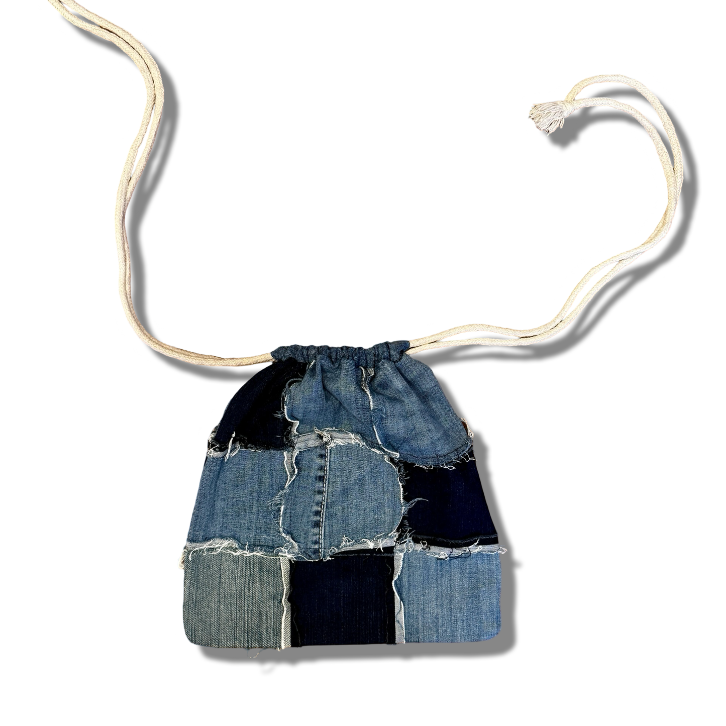 Patchwork Denim Drawstring Bag